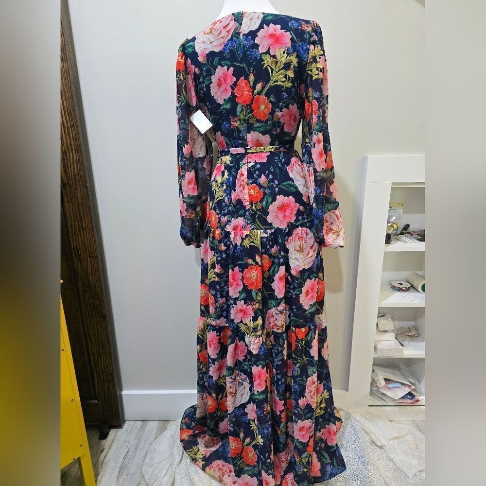 Eliza J Floral-Print Faux-Wrap Maxi Dress NWOT Size 2 Blue/Pink - Picture 4 of 5